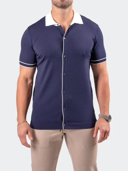 Maceoo Stretch Short-Sleeve Polos | Polo ButtonNavy Blue